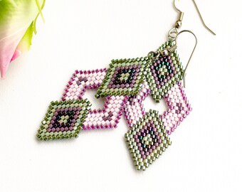 Native american Miyuki beaded earrings, dainty brick stitch earrings for women, green pink purple geometric double diamont earrings for her