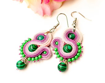 Pink green earrings soutache earrings for women, small cheerful beaded earrings, hand-sewn malachite earrings for summer dress, gift for her