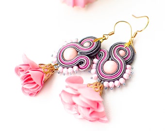 Silk flower soutache earrings, pink gray earrings for women, hand-sewn colorful earring, summer beaded earrings, unique gift for her