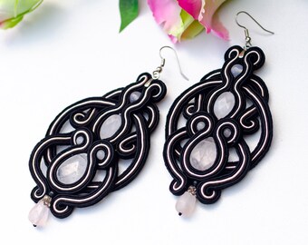 Distinctive rose quartz earrings, black-pink soutache earrings, oversized party earrings, ooak jewelry, gift for her