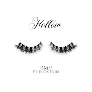 May include: A pair of black synthetic fiber eyelashes, labeled "Hollow" in elegant script. The lashes are 14mm long, with a full, voluminous appearance, designed to enhance the eyes. The background is plain white.