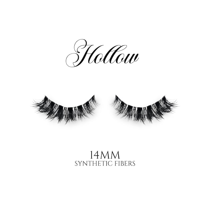 May include: A pair of black synthetic fiber eyelashes, labeled "Hollow" in elegant script. The lashes are 14mm long, with a full, voluminous appearance, designed to enhance the eyes. The background is plain white.