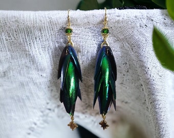 XL CROWN JEWEL Beetle Wing Elytra Oddity Earrings 18k Gold