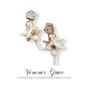 May include: Stud earrings with rattlesnake vertebrae. Each earring has a gold-coloured, geometric top with a clear stone, connected to a bone-coloured vertebra and a small white bead. The text "Venom's Grace" is at the bottom of the image.