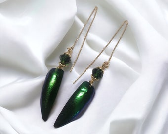 CROWN JEWEL Threader Beetle Wing Elytra Oddity Earrings 18k Gold