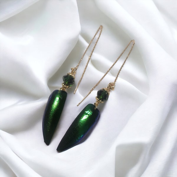 CROWN JEWEL Threader Beetle Wing Elytra Oddity Earrings 18k Gold