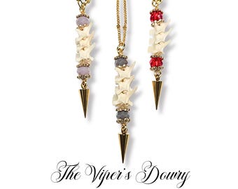 The Viper’s Dowry Victorian Inspired Rattlesnake Vertebrae Necklace, Snake Bone Jewelry, Gothic Oddity Pendant, Custom Color Chain