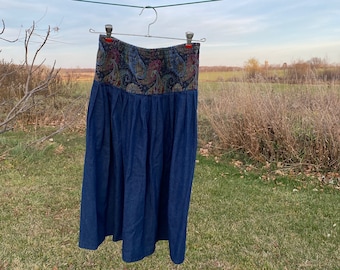 Vintage denim skirt with paisley waist band, made in USA, 100% cotton, size small
