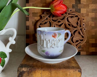 Leuchtenburg Germany tea cup & saucer set, Present, purple, opalescent, floral, mug