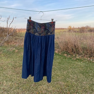 Vintage denim skirt with paisley waist band, made in USA, 100% cotton, size small
