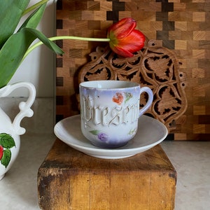 Leuchtenburg Germany tea cup & saucer set, Present, purple, opalescent, floral, mug
