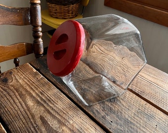 Vintage hexagonal glass cookie, biscuit jar, red wood lid, candy store, retro, kitchen canister