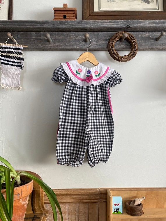 Vintage black & white gingham, checked girl's bab… - image 1