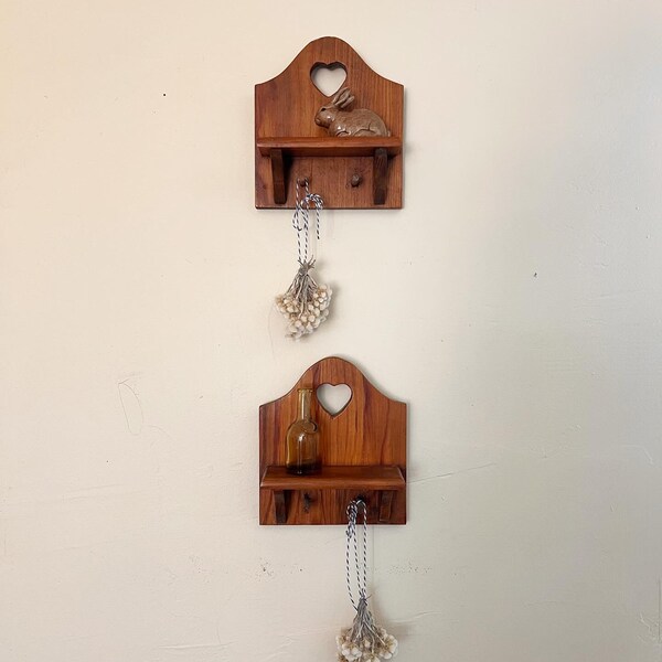 Set of TWO small/tiny wood peg rack shelves, heart cutouts, wall mount, farmhouse, kids room