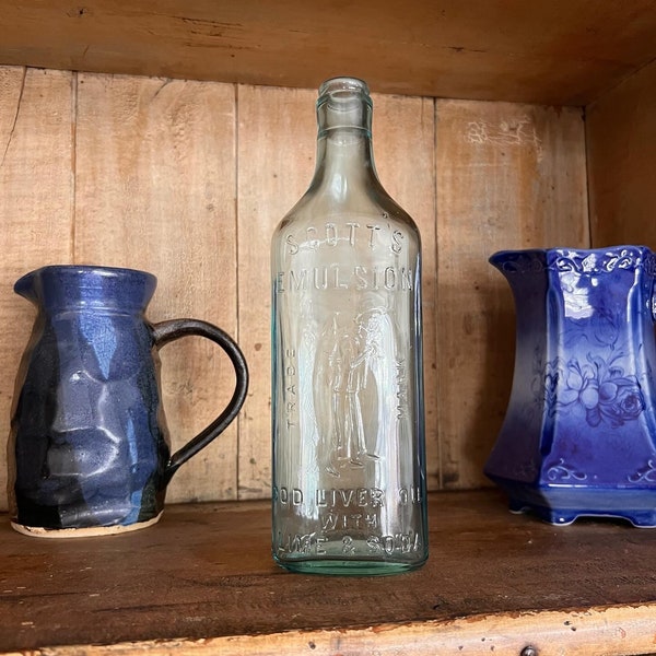 Antique Scott’s Emulsion bottle, Cod Liver Oil with Lime & Soda, aqua glass