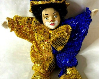 Clown Doll Gold Sequin Costume Beautiful Hand Painted Face Circus Jester 18"