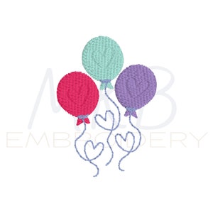 May include: An embroidered design featuring three balloons in shades of red, teal, and purple. Each balloon has a heart design and is connected to a heart-shaped string. The design is on a white background.
