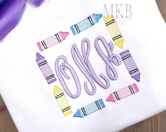 Crayon Frame, Square Crayon Monogram Frame, Back to School, First Day of Preschool, Sketch Light Fill Stitch Machine Embroidery Design File