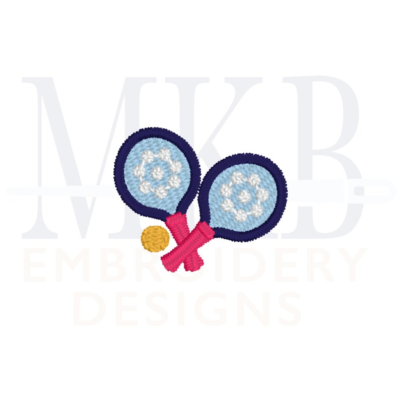 May include: Two blue and white paddle rackets with pink handles and a yellow ball. The rackets are crossed over each other.