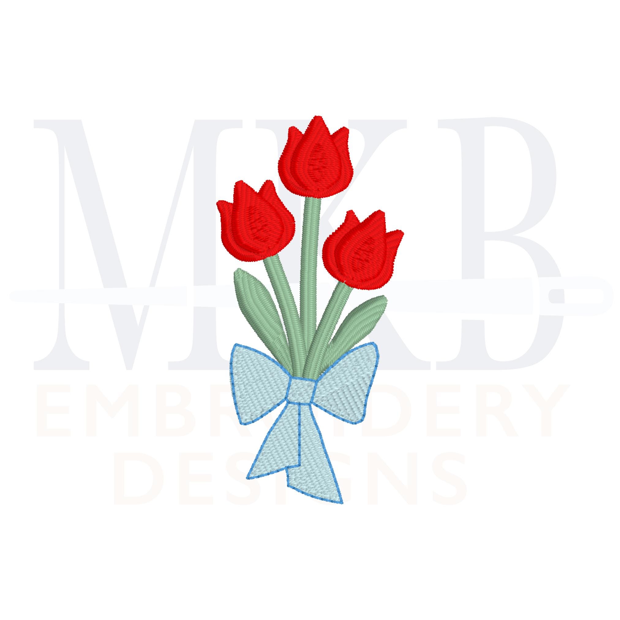 Tulip Embroidery Design, Tulip Bouquet With Bow, Mini Spring Flowers ...