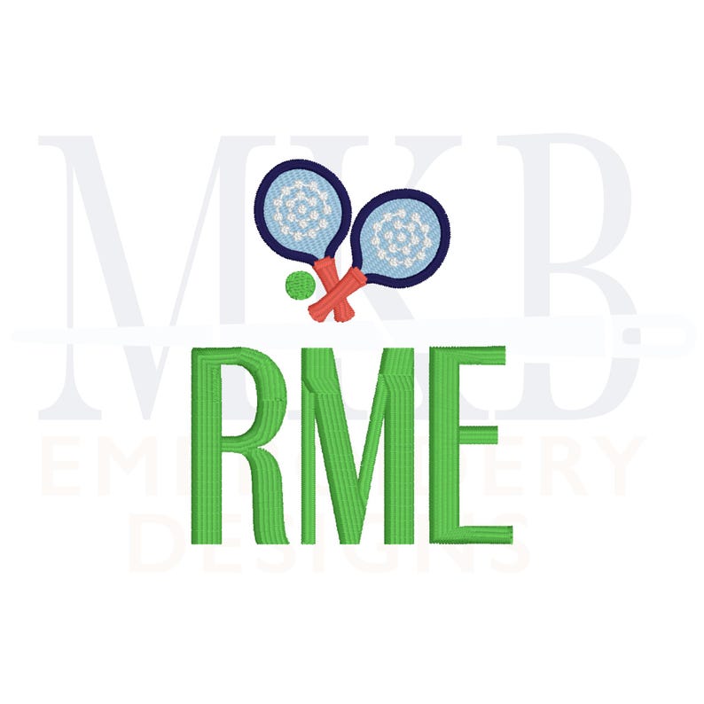 May include: Green monogram letters "RME" with two blue and white tennis rackets and a green tennis ball above the letters.