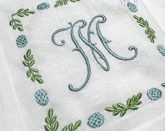 Borde de laurel de Pascua dispuesto para servilletas de cóctel, marco de huevos de Pascua, vegetación primaveral, bordado de Pascua, diseño de bordado a máquina