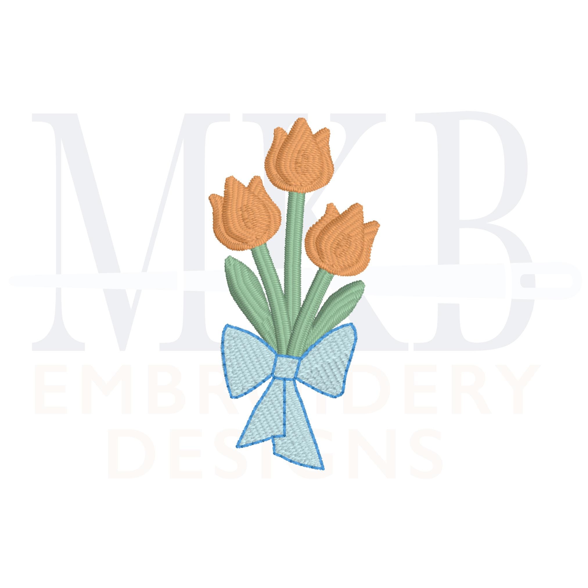 Tulip Embroidery Design, Tulip Bouquet With Bow, Mini Spring Flowers ...