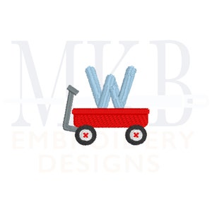 Peut inclure: Un chariot rouge &agrave; jouets avec une lettre W bleue &agrave; l'int&eacute;rieur. Le chariot a des roues noires avec des X rouges dessus.