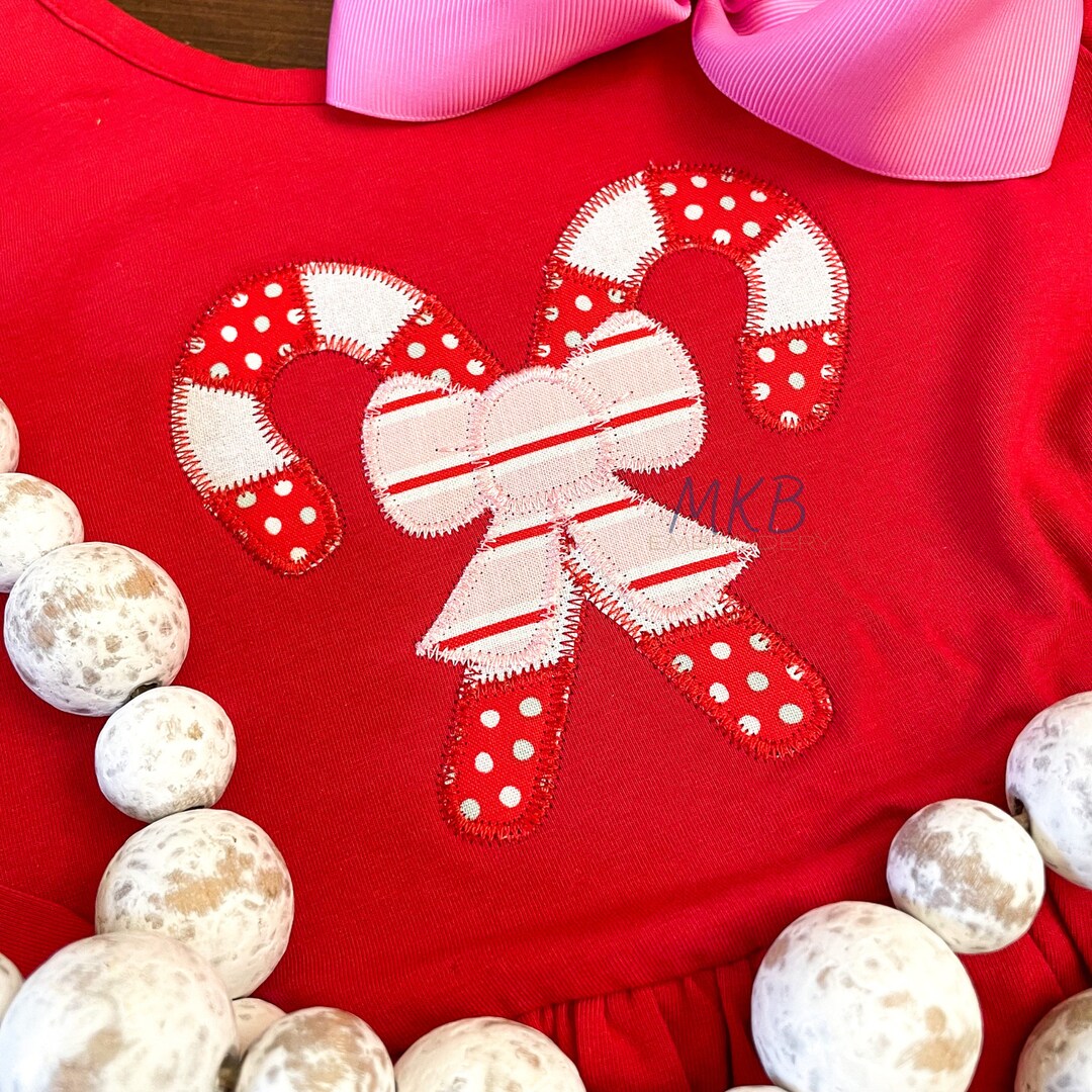 Candy Cane Zig Zag Applique Small, Candy Canes Crossed With a Bow