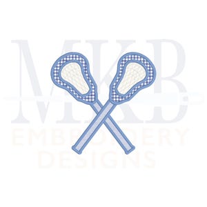 May include: Two blue and white lacrosse sticks crossed over each other. The sticks have a checkered pattern.