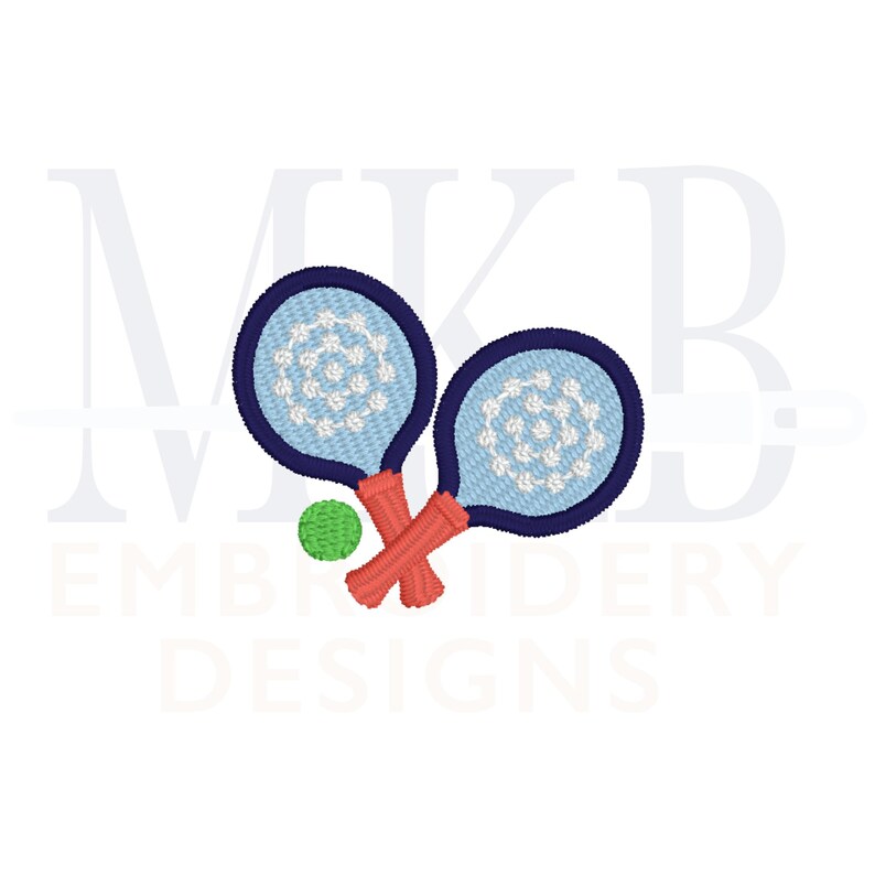 May include: Two blue and white tennis rackets with red handles crossed over each other with a green tennis ball in the center.