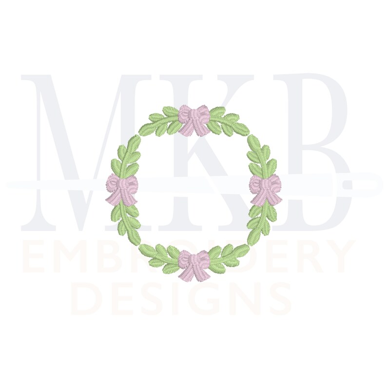 May include: A green wreath with pink bows. The wreath is a circle with leaves and bows around the edge.