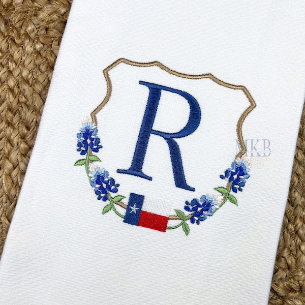 Texas Bluebonnets Crest, Bluebonnet Embroidery, Wildflower, Floral, Flag Frame, Satin and Fill Stitch Machine Embroidery Design File