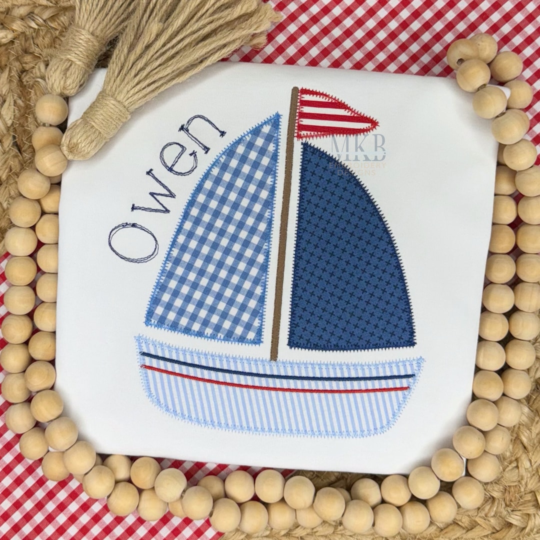 Sailboat Zig Zag Stitch Applique, Sailboat With a Flag, Nautical Summer