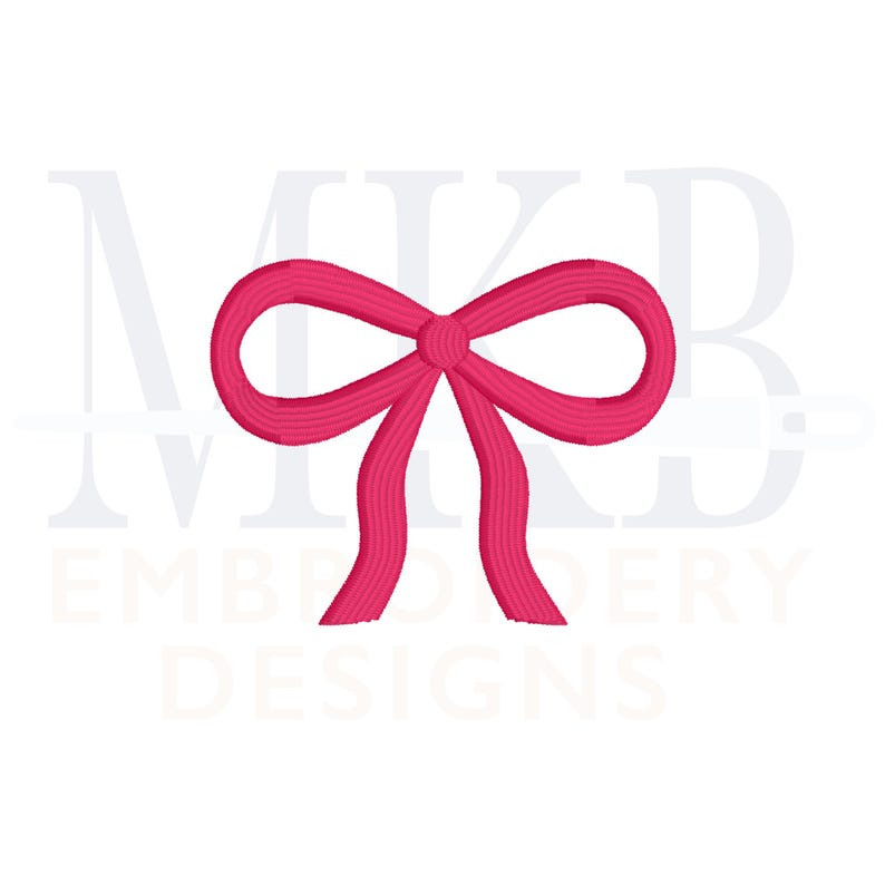 May include: A pink bow with a center knot. The bow is a simple design with two loops and two tails.