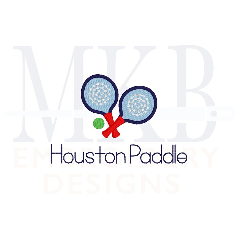 May include: Two blue and white paddle rackets with red handles crossed over each other with a green ball in the middle. The text "Houston Paddle Designs" is below the rackets.