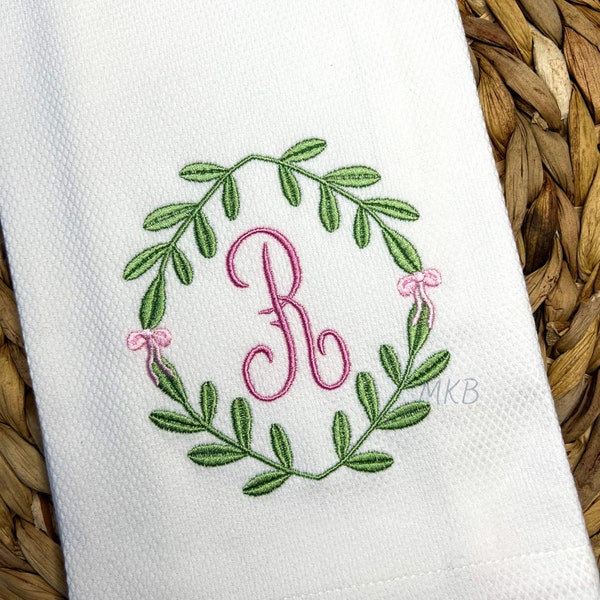 Boxwood Bows Monogram Frame, Smaller, Leaf Laurel, Wreath Monogram Frame, Satin Stitch Machine Embroidery Design File, Heirloom Frame, Birth