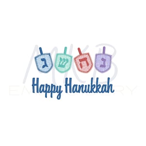 May include: Five colorful dreidels with Hebrew letters on them, arranged in a row. The dreidels are against a white background with the text "Happy Hanukkah" in blue below them.