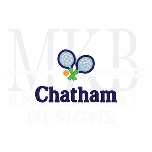 May include: A blue and white tennis racket design with the name Chatham in blue text.