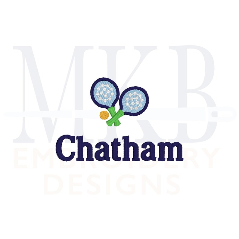 May include: A blue and white tennis racket design with the name Chatham in blue text.