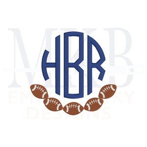 May include: A navy blue monogram with the letters HBR in a circular design, surrounded by six brown and white footballs. The design is on a white background, suitable for embroidery or digital use.