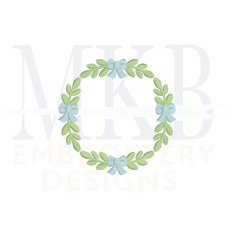 May include: A green wreath with blue bows, ideal for a monogram or initial. The wreath is a classic design with a simple, elegant look.