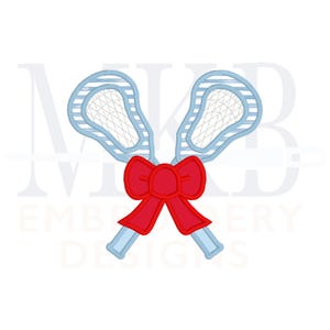 May include: Two blue lacrosse sticks crossed over each other with a red bow in the center.