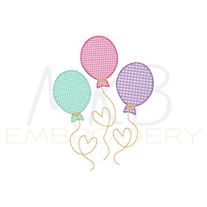 May include: Three gingham balloons in pink, green, and purple with gold string tied in a heart shape.