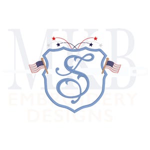 May include: A blue shield with a white letter S inside, flanked by two American flags. Red, white, and blue stars are above the shield, with red, white, and blue firework trails.