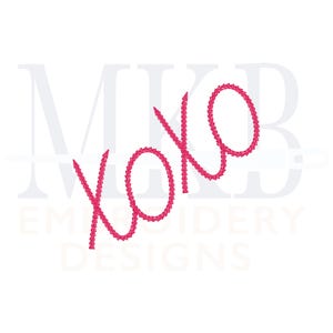 May include: Pink cursive embroidery design of the word "xoxo" with a white background.