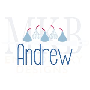 May include: Blue and white patterned chocolate kisses with red ribbon bows, arranged in a row above the name "Andrew" in blue text.