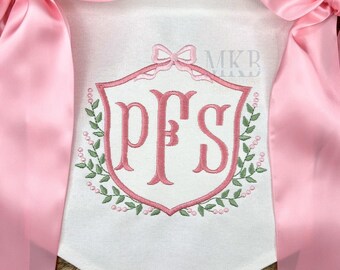 Georgia Bow Crest, Floral Greenery Frame, Bow Embroidery Design, Monogram Birth Banner, Simple Satin Stitch Machine Embroidery Design File