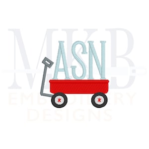 Peut inclure: Un chariot rouge avec une poign&eacute;e et des roues. Le chariot est rempli de trois grandes lettres bleues qui &eacute;pellent "ASN".