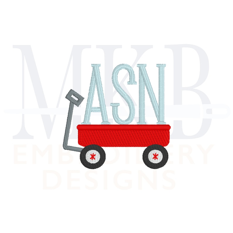 Peut inclure: Un chariot rouge avec une poign&eacute;e et des roues. Le chariot est rempli de trois grandes lettres bleues qui &eacute;pellent "ASN".